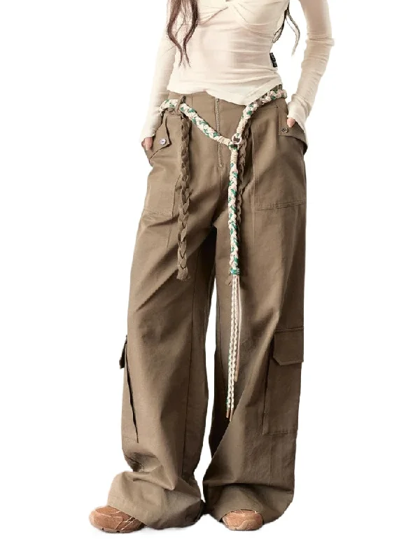 Loose-fitting Straight-leg Pants with Large Pockets High-Waist Trousers