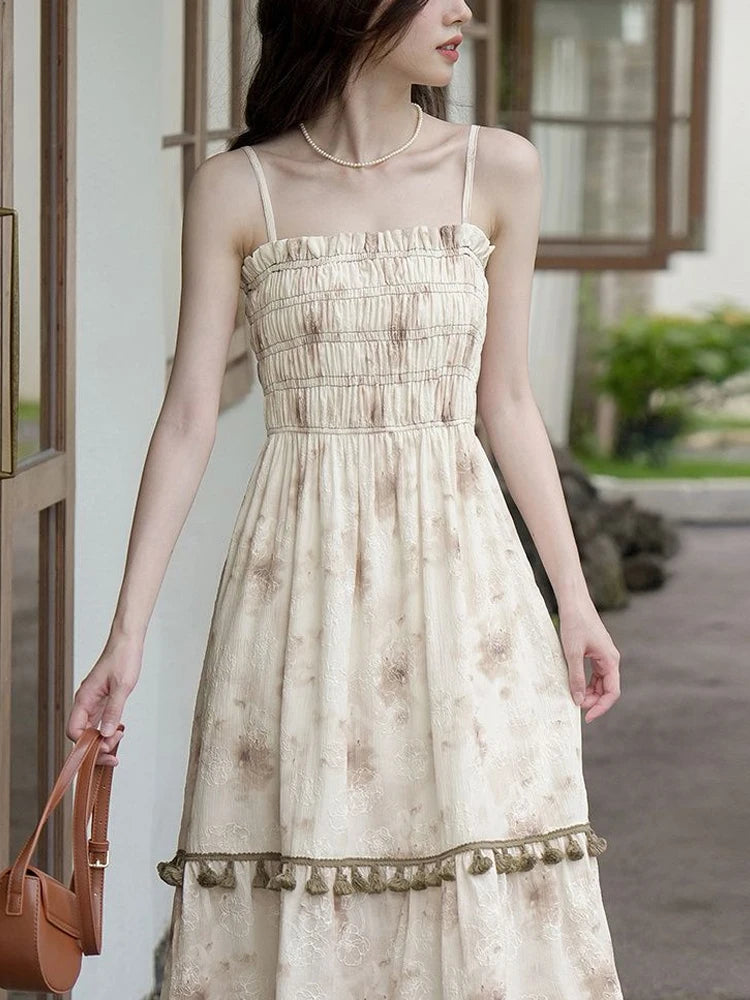 Wjczt 2024 Autumn Vintage Elegant Slip Dress Women Casual Fashion Korean Style Floral Dress Female Beach Evening Party Vacation Dress Floral Print girly Wjczt 2024 Autumn Vintage Elegant Slip Dress Women Casual Fashion Korean Style Floral Dress Female Beach Evening Party Vacation Dress Floral Print girly