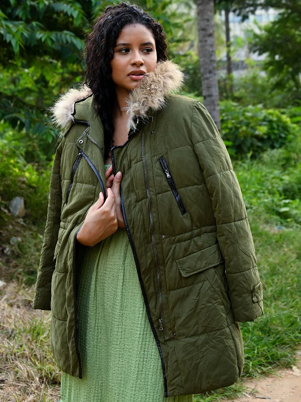 Odette Olive Solid Polyester Puffer Jacket For Women Welt Pockets Slit Pockets Flap Pockets Odette Olive Solid Polyester Puffer Jacket For Women Welt Pockets Slit Pockets Flap Pockets