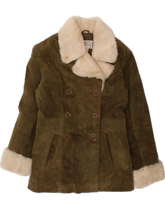 VINTAGE Womens Suede Jacket UK 10 Small Khaki Leather Zippered Jacket Buttoned Jacket Snapped Jacket VINTAGE Womens Suede Jacket UK 10 Small Khaki Leather Zippered Jacket Buttoned Jacket Snapped Jacket