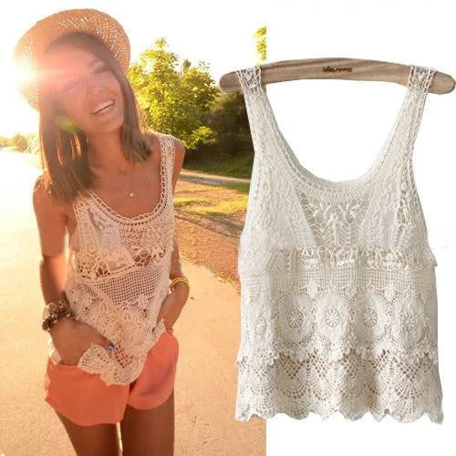 Women Lace Vest Hippie Bohemian Vintage Chic Crochet Lace Beige Tank Vest Top sleep tank top