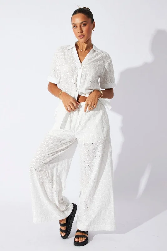 White Wide Leg Pants Mid Rise Eyelet Wide-Legged Palazzos