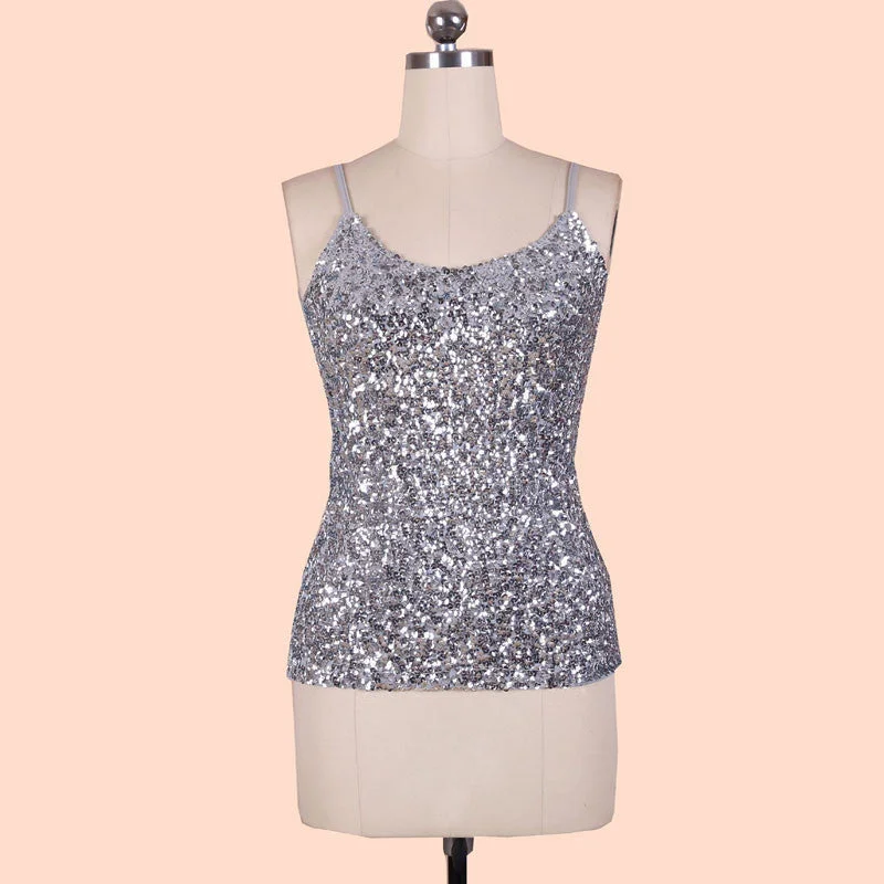 Europe Fashion spaghetti strap nightclub tank tops Silver Sequin top lounge tank top