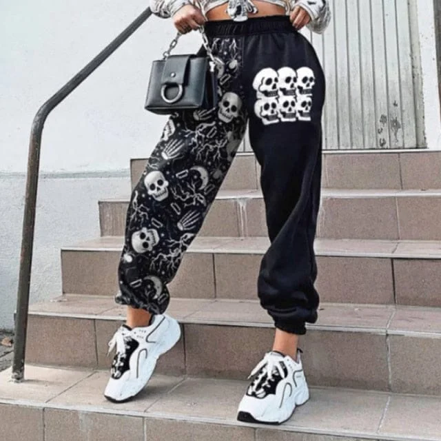 Women's Casual Black Skulls Print Elastic Waist Pocket Wide Leg Pants Comfortable Wide-Leg Pants Women's Casual Black Skulls Print Elastic Waist Pocket Wide Leg Pants Comfortable Wide-Leg Pants