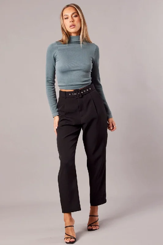 Black Tapered Pants High Rise Belted Cozy Lounge Pants