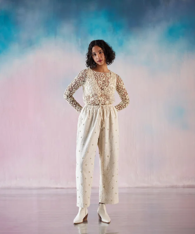 Off White Deep V Bralette, Top And Foam Heart Emb Pants Set Classic Straight-Leg Pants Off White Deep V Bralette, Top And Foam Heart Emb Pants Set Classic Straight-Leg Pants