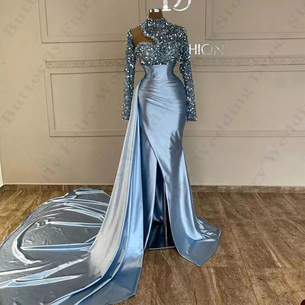 Wjczt Exquisite Fascinating Evening Dresses Gorgeous Beading Simple High Collar Fashion Long Sleeved High Split Prom Gowns For Women Tunics Luxurious high-end Wjczt Exquisite Fascinating Evening Dresses Gorgeous Beading Simple High Collar Fashion Long Sleeved High Split Prom Gowns For Women Tunics Luxurious high-end
