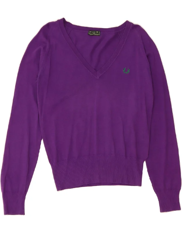 FRED PERRY Womens V-Neck Jumper Sweater UK 12 Medium Purple Cotton Real Fur Shearling Chenille FRED PERRY Womens V-Neck Jumper Sweater UK 12 Medium Purple Cotton Real Fur Shearling Chenille
