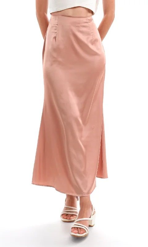 97148 Rose Gold Shiny Maxi Skirt With Zipper Closure linen skirt airy