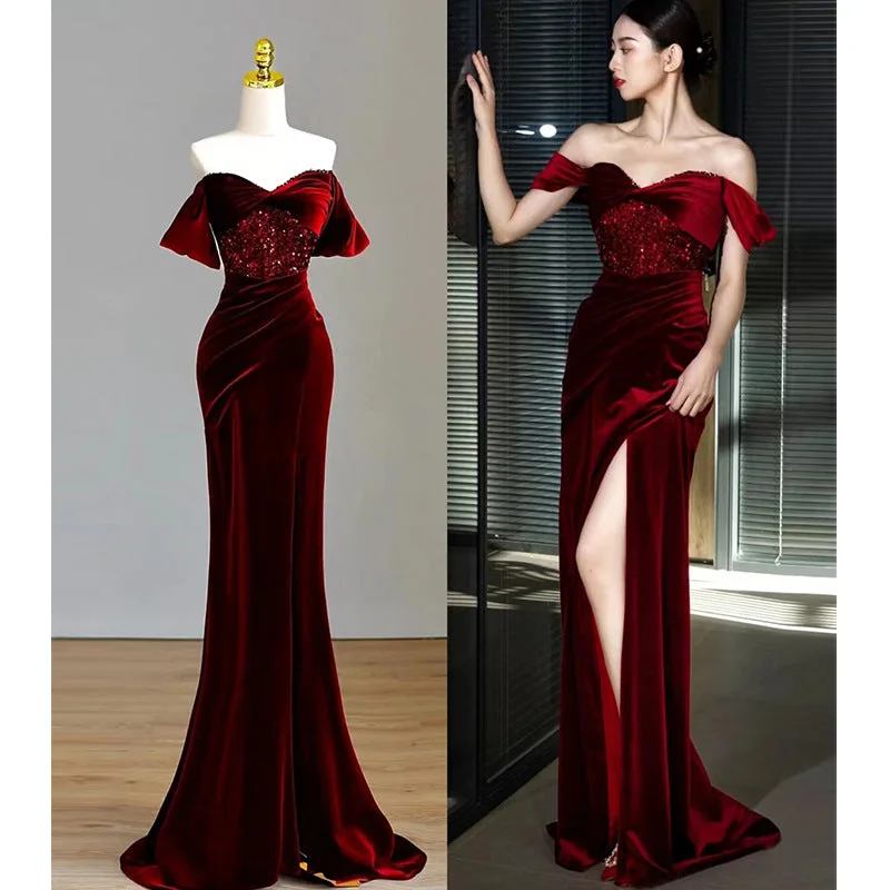 Wjczt Fishtail toast dress bride wine red engagement dress one shoulder high-grade velvet sequins atmospheric female Tunics Trousers formal
