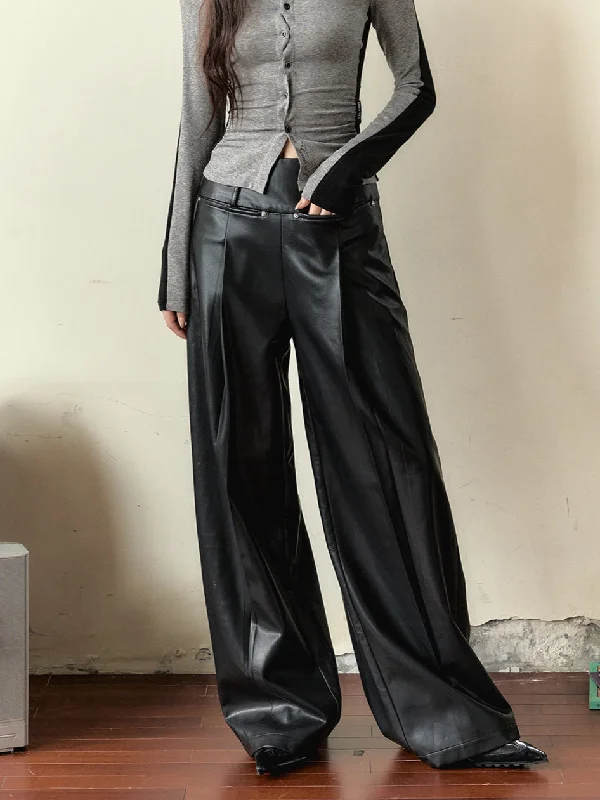 Black Loose-fitting Studded PU Leather Pants Stylish Casual Pants