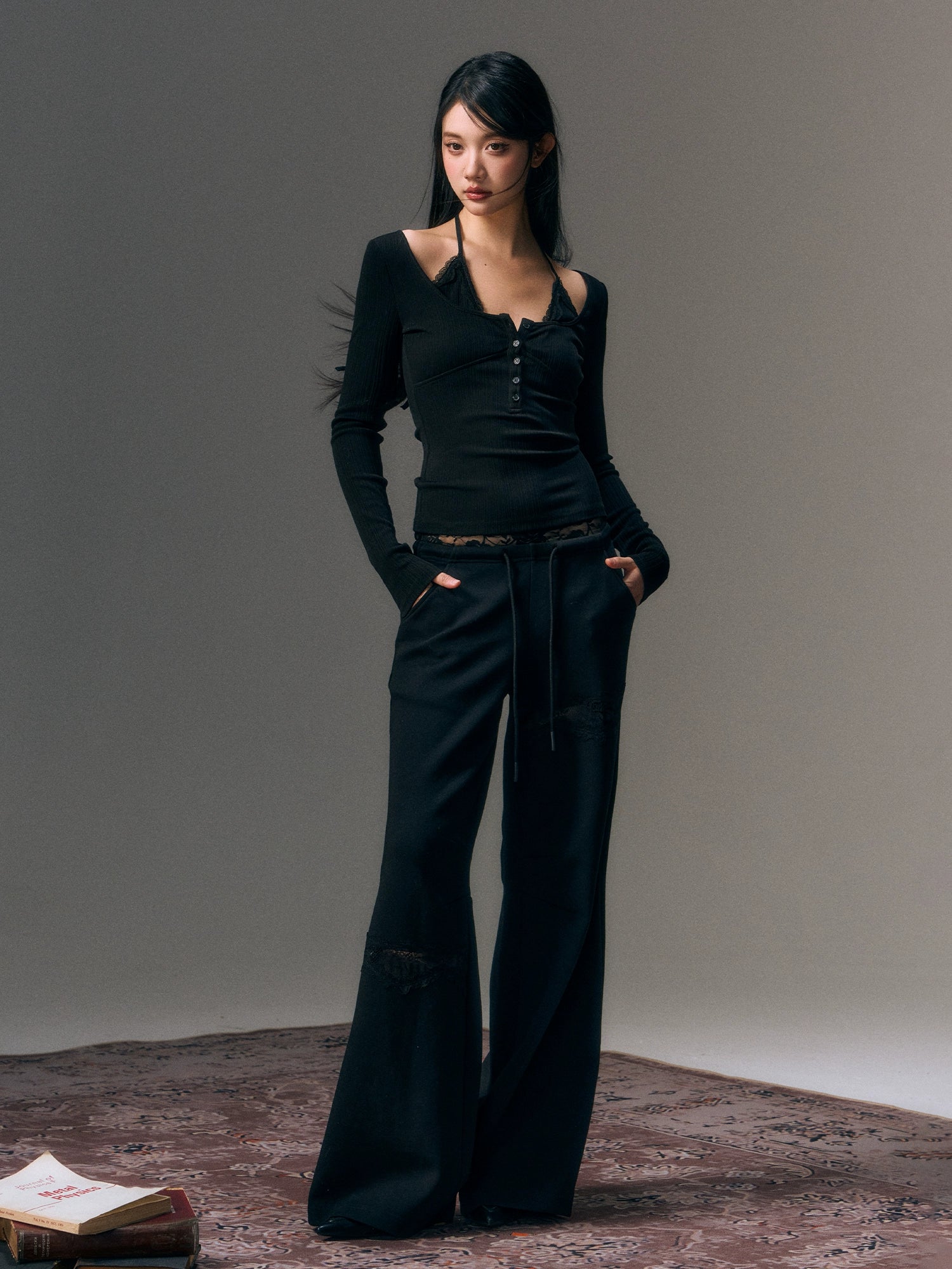 Black Patchowork Lace Drawstring Lounge Pants Casual Sweatpants Style