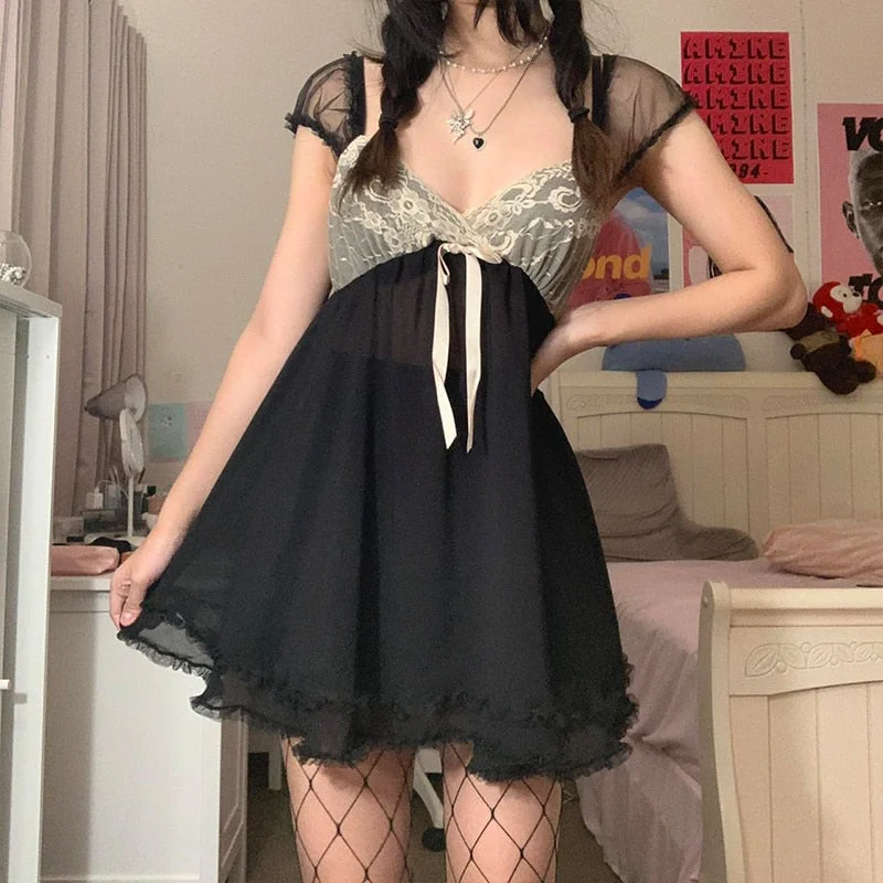 Wjczt Y2K Fairycore Vintage Kawaii Dress Patchwork Mesh Lace Sexy V-neck Ruffles A-line Dress 2000s Goth Grunge Dresses Boatneck Modish Everyday