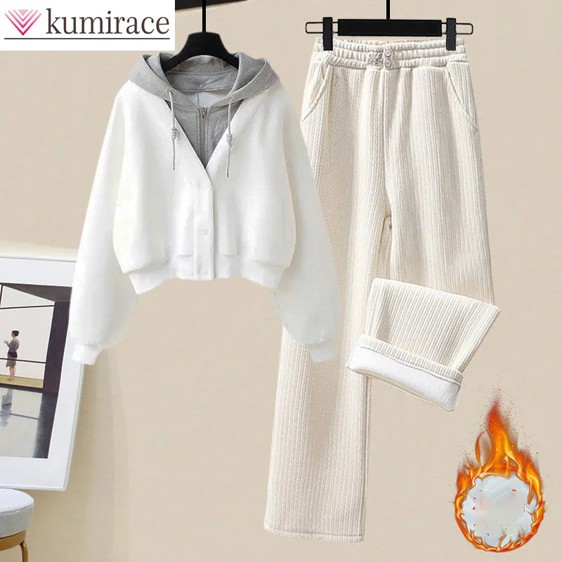 Plush and Thickened Hoodie Jacket Casual Wide Legged Pants Two-piece Elegant Women's Pants Set Winter Outfits Fitted Jacket Loose Jacket Oversized Jacket Plush and Thickened Hoodie Jacket Casual Wide Legged Pants Two-piece Elegant Women's Pants Set Winter Outfits Fitted Jacket Loose Jacket Oversized Jacket