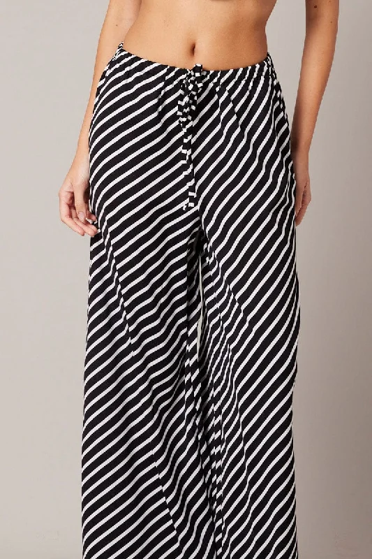 Black Stripe Wide Leg Pants High Rise Trendy Wide-Leg Pants