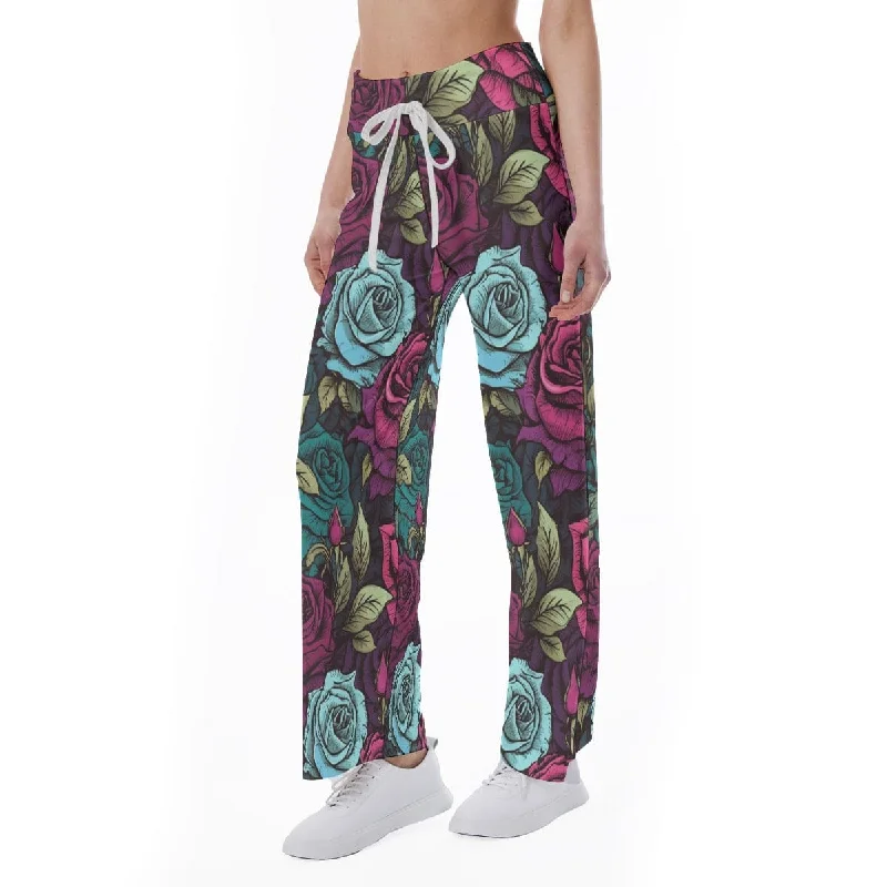 Women's Gothic Floral High-waisted Straight-leg Pants Chic Wool Trousers