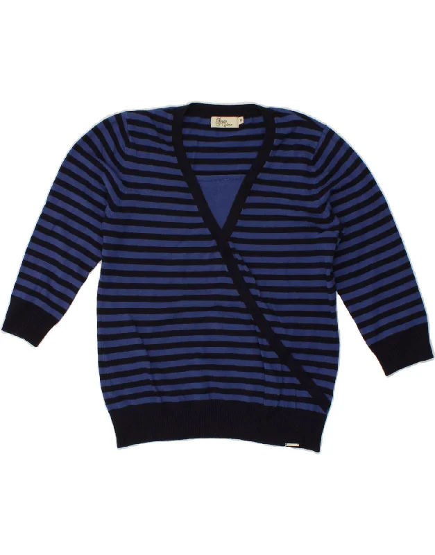 PACO Womens 3/4 Sleeve V-Neck Jumper Sweater UK 12 Medium Blue Striped Modern Contemporary Chic PACO Womens 3/4 Sleeve V-Neck Jumper Sweater UK 12 Medium Blue Striped Modern Contemporary Chic