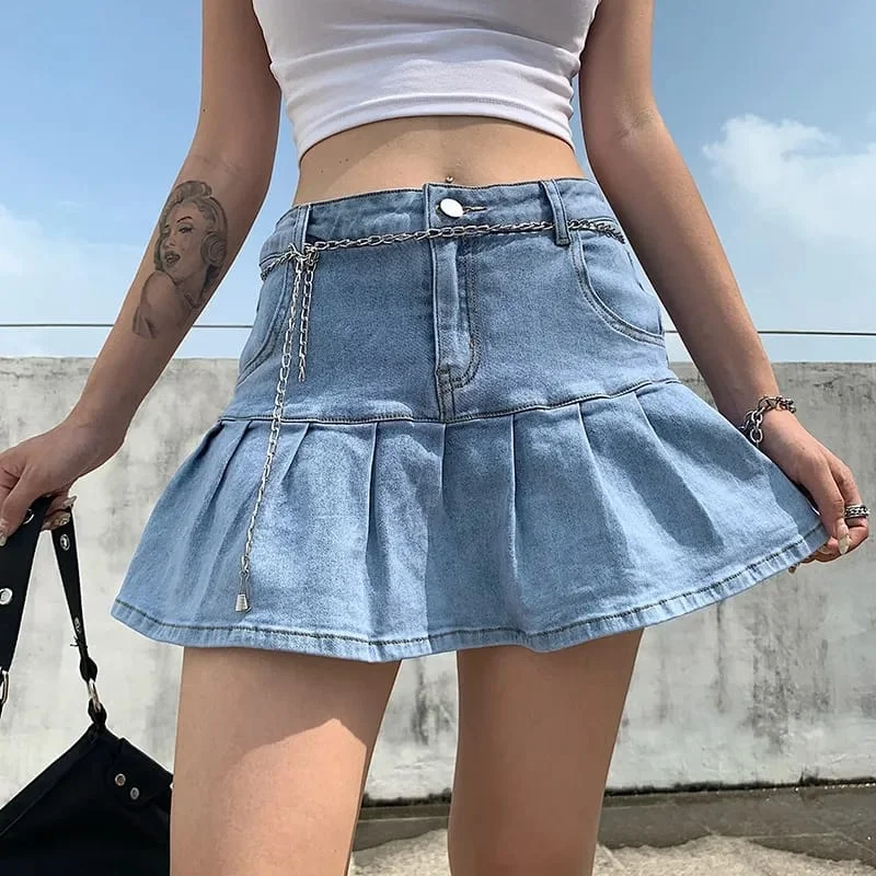 Woman Fashion Denim Pleated Skirts Mini Solid Casual Korean Style High Waist Skirt with Lined Hot Club Party Girls S4602826 linen skirt airy Woman Fashion Denim Pleated Skirts Mini Solid Casual Korean Style High Waist Skirt with Lined Hot Club Party Girls S4602826 linen skirt airy