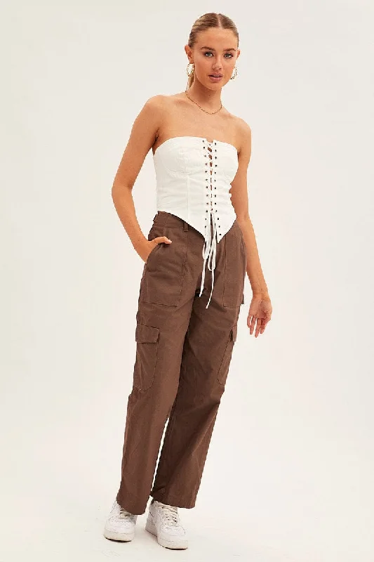 Brown Cargo Pants Mid Rise Lightweight Linen Pants
