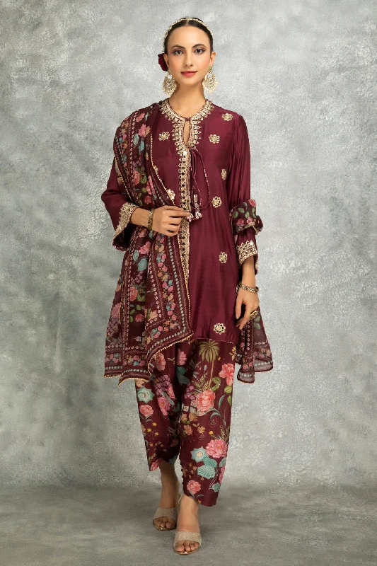 Wine Mirror Embroidered Angrakha With Printed Pants & Dupatta Set Of 3 Relaxed Lounge Trousers Wine Mirror Embroidered Angrakha With Printed Pants & Dupatta Set Of 3 Relaxed Lounge Trousers