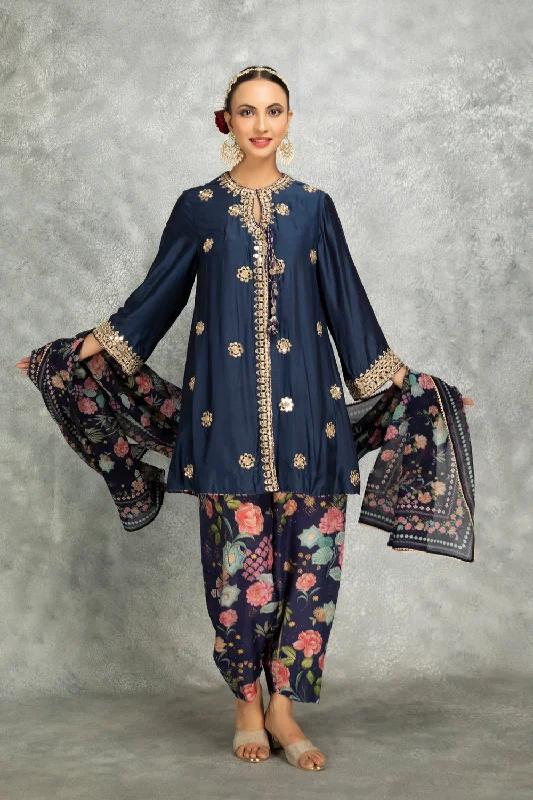 Blue Mirror Embroidered Angrakha With Printed Pants & Dupatta Set Of 3 Trendy High-Waist Trousers Blue Mirror Embroidered Angrakha With Printed Pants & Dupatta Set Of 3 Trendy High-Waist Trousers