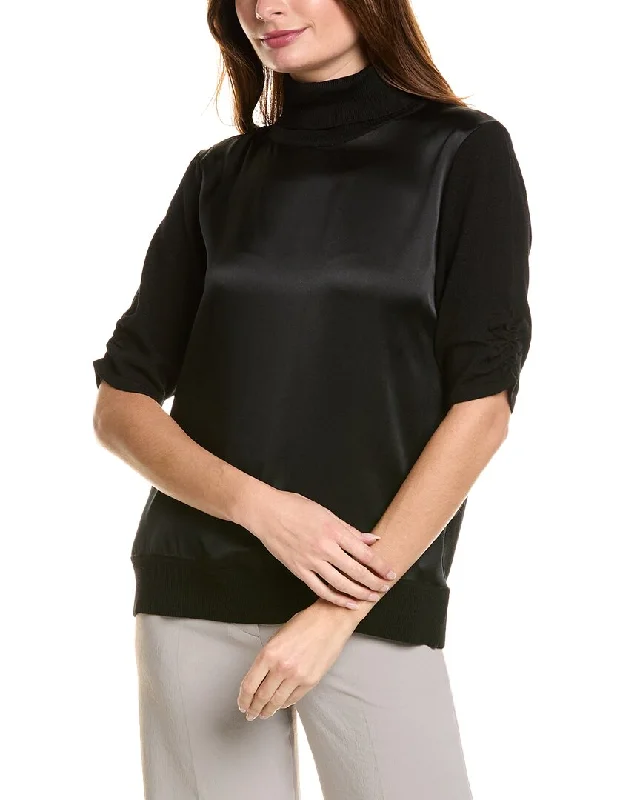 Elie Tahari Satin Front Wool & Cashmere-Blend Sweater Layered Multi-layer Single Layer Elie Tahari Satin Front Wool & Cashmere-Blend Sweater Layered Multi-layer Single Layer