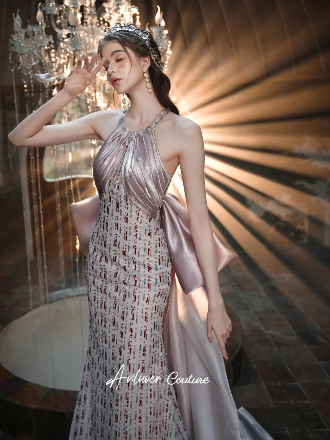Wjczt Vintage Mermaid Evening Dress Halter Bow Trailing Backless Satin Luxury Beading Crystal Sequins Sexy Bride Women Party Prom Gown Tunics Luxurious high-end