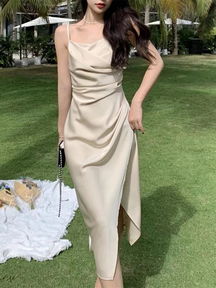 Wjczt Women Summer Backless Elegant Sexy Strap Split Satin Dress Female Sleeveless Camisole Vestidos Beach Clothes Tunics Solid Classic