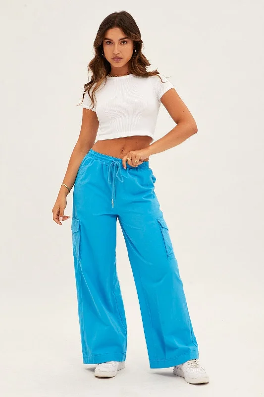 Blue Cargo Pant Wide Leg Elastic Waist Cotton Twill Soft Cotton Pants