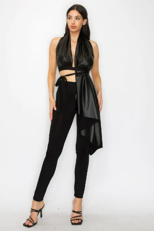 Faux Leather Top Pants Set Comfy Zip-Up Pants