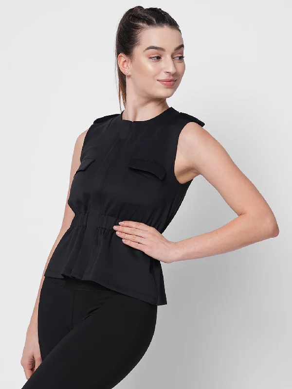 Black sporty sleeveless peplum jacket Zippered Jacket Buttoned Jacket Snapped Jacket Black sporty sleeveless peplum jacket Zippered Jacket Buttoned Jacket Snapped Jacket