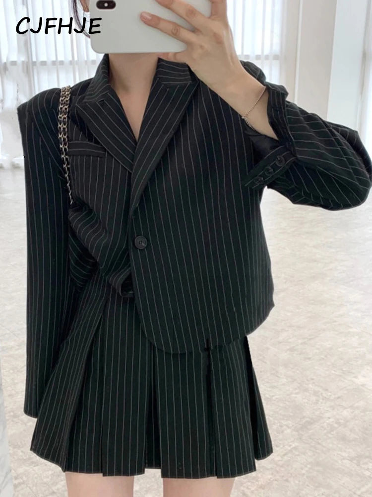 CJFHJE Fashion Stripe Blazer Women Autumn Notched Single Breasted Suit Korean Elegant Jacket High Elastic Waist Pleated Skirt Elasticated Jacket Padded Jacket Insulated Jacket CJFHJE Fashion Stripe Blazer Women Autumn Notched Single Breasted Suit Korean Elegant Jacket High Elastic Waist Pleated Skirt Elasticated Jacket Padded Jacket Insulated Jacket