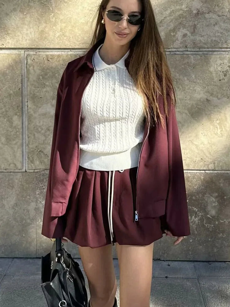 Vintage Women Tied Lantern Mini Burgundy Skirt 2024 New Fashion Zipper Jacket Women Suit Casual 2 Piece Set Ladies Outfit Satin Jacket Silk Jacket Chiffon Jacket Vintage Women Tied Lantern Mini Burgundy Skirt 2024 New Fashion Zipper Jacket Women Suit Casual 2 Piece Set Ladies Outfit Satin Jacket Silk Jacket Chiffon Jacket
