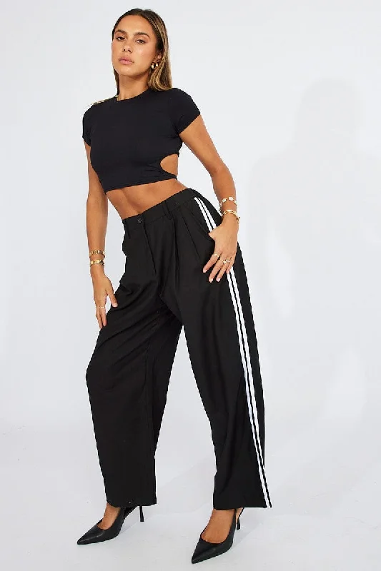 Black Wide Leg Pants Side Stripe Fashionable Tapered Leg Pants