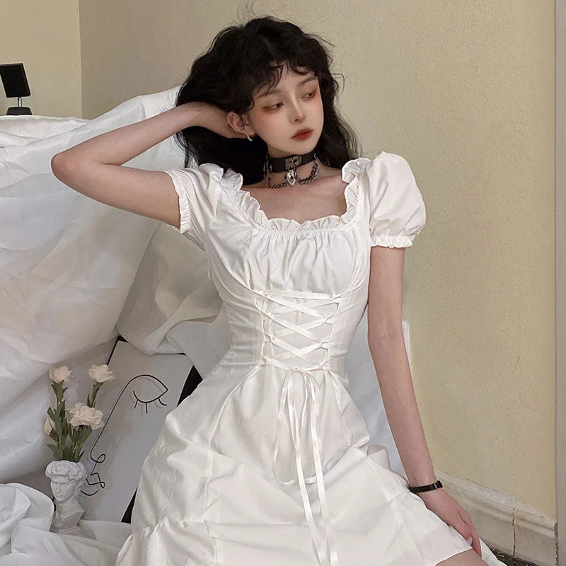 Wjczt Women's Dress White Gothic Dress Harajuku Ghost Horse Dresses Vintage Square Collar Bandage Puff Sleeve Dresses For Women 2022 Tunics Top rated