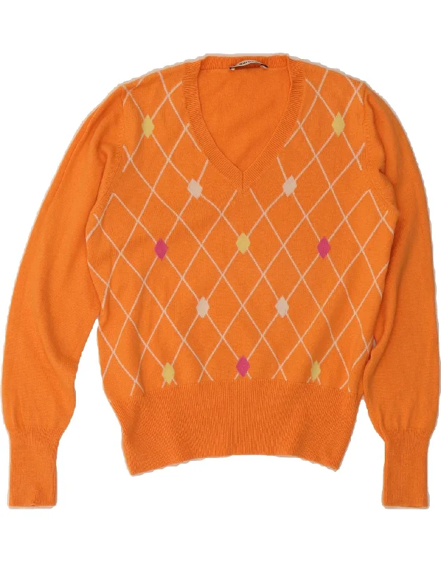BURLINGTON Womens V-Neck Jumper Sweater UK 10 Small Orange Argyle/Diamond Welt Pockets Slit Pockets Flap Pockets BURLINGTON Womens V-Neck Jumper Sweater UK 10 Small Orange Argyle/Diamond Welt Pockets Slit Pockets Flap Pockets