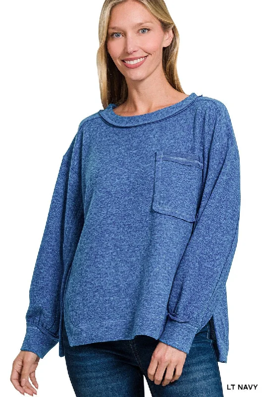 BRUSHED HACCI HI-LOW ROUND NECK SWEATER Solid Print Embellished