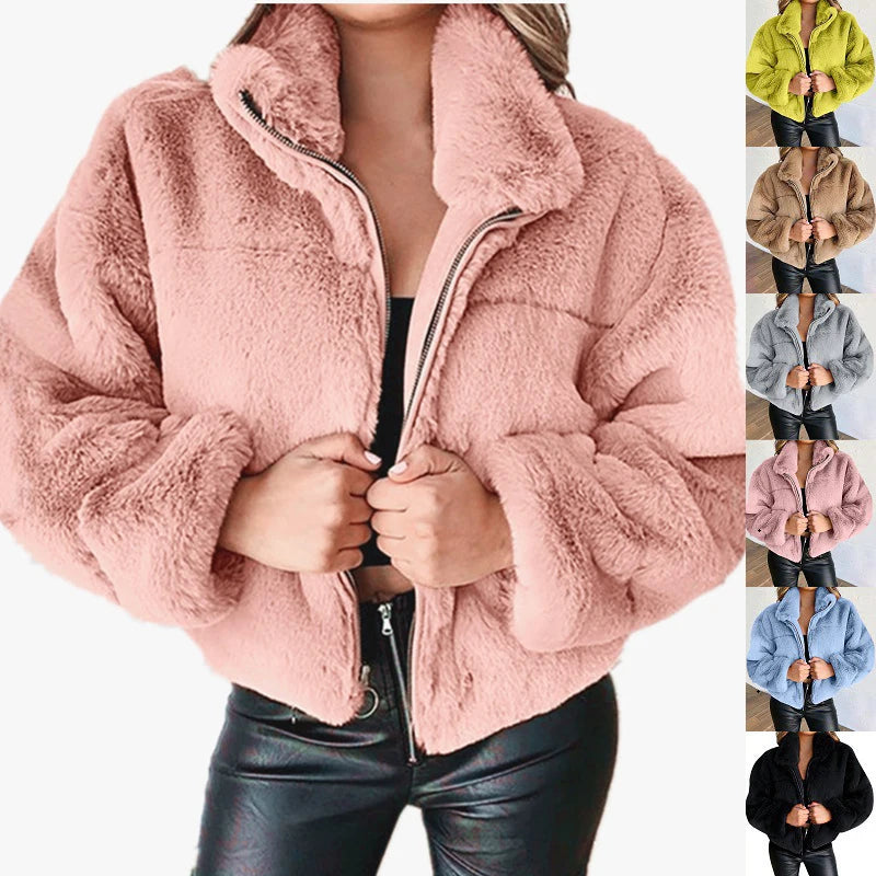Rabbit Fur Imitation Fur Zipper Plush Warm Pink Jacket Long Sleeve Short Coat Winter Women Crop Top Casual New In Outwear Cloth Herringbone Jacket Checkered Jacket Solid Jacket Rabbit Fur Imitation Fur Zipper Plush Warm Pink Jacket Long Sleeve Short Coat Winter Women Crop Top Casual New In Outwear Cloth Herringbone Jacket Checkered Jacket Solid Jacket