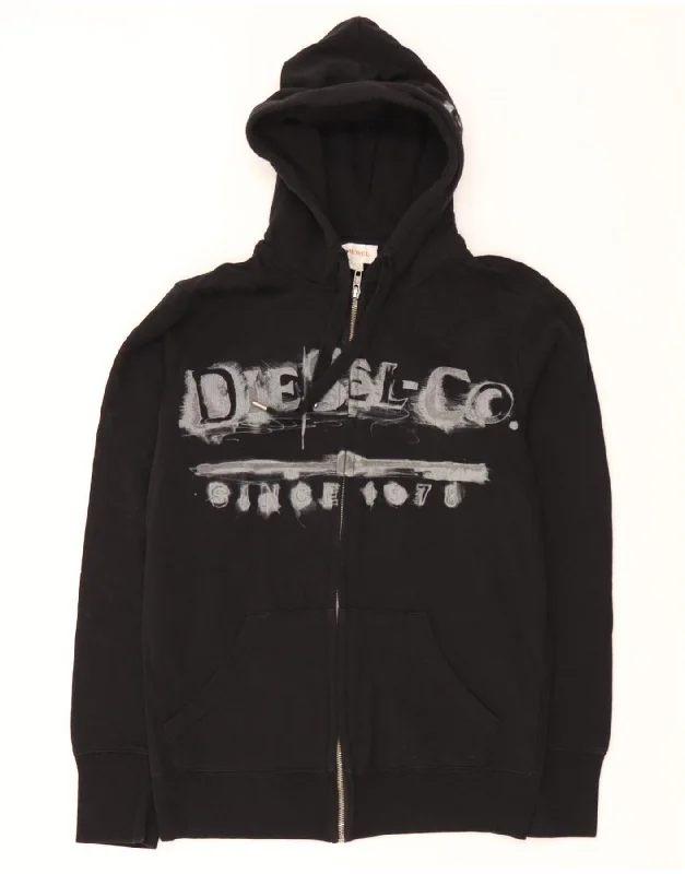 DIESEL Womens Graphic Zip Hoodie Sweater UK 16 Large Black Cotton Boat Neck Shawl Collar Notched Collar DIESEL Womens Graphic Zip Hoodie Sweater UK 16 Large Black Cotton Boat Neck Shawl Collar Notched Collar