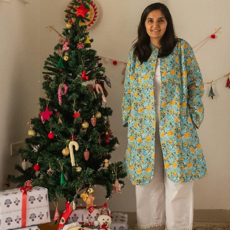Blue & Yellow Floral Jaal Cotton Winter Jacket Fitted Jacket Loose Jacket Oversized Jacket Blue & Yellow Floral Jaal Cotton Winter Jacket Fitted Jacket Loose Jacket Oversized Jacket