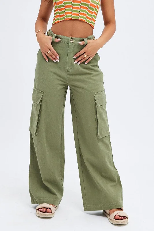 Green Wide Leg Pants Cargo Pockets Casual Yoga Pants