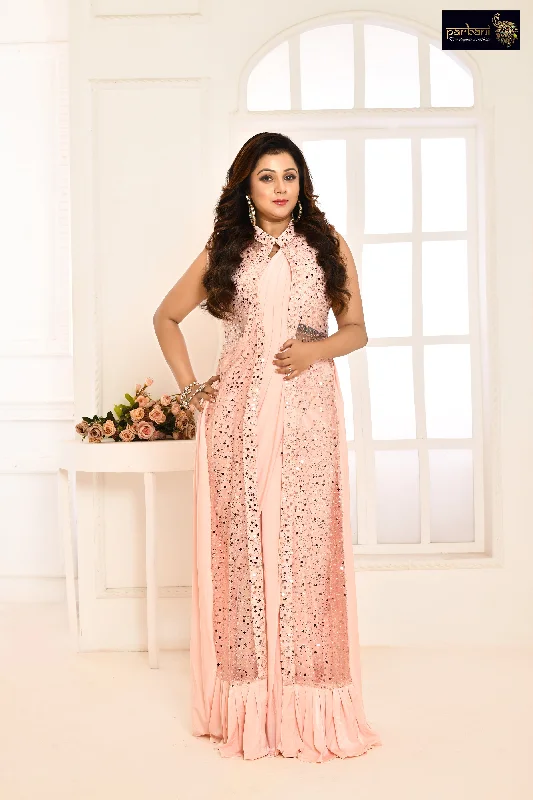 Parbani Women Admiring Peach Coloured Designer Ready to Wear Satin Silk Partywear Saree With Sequence & Pearl Work Blouse And Jacket Front Pockets Side Pockets Patch Pockets Parbani Women Admiring Peach Coloured Designer Ready to Wear Satin Silk Partywear Saree With Sequence & Pearl Work Blouse And Jacket Front Pockets Side Pockets Patch Pockets