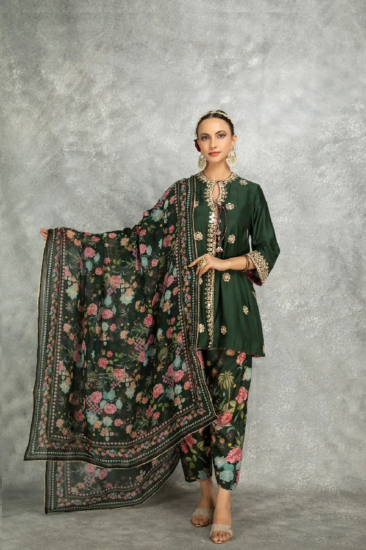 Green Mirror Embroidered Angrakha With Printed Pants & Dupatta Set Of 3 Chic Faux Leather Pants Green Mirror Embroidered Angrakha With Printed Pants & Dupatta Set Of 3 Chic Faux Leather Pants
