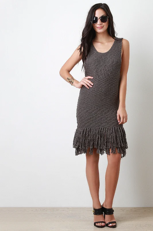 Chunky Knit Fringe Hem Dress Tunics Sophisticated sleek