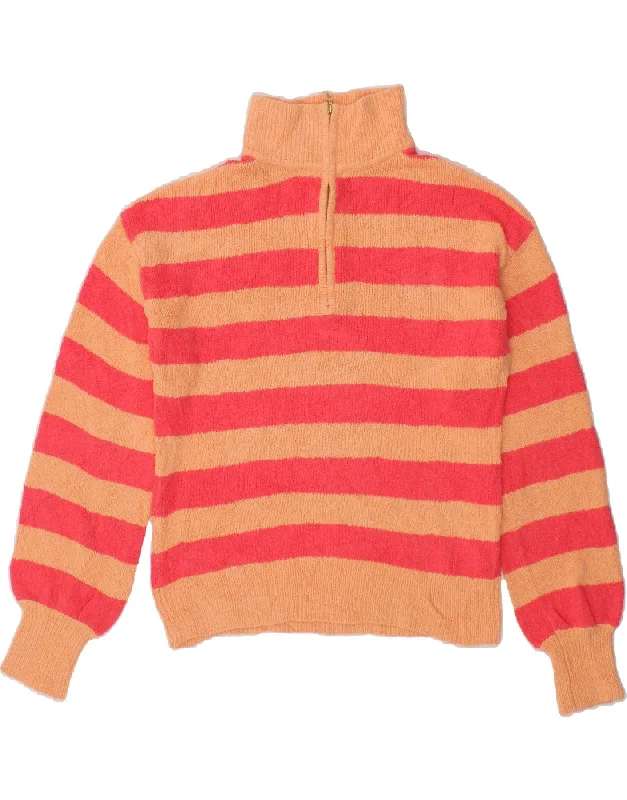 J. CREW Womens Zip Neck Jumper Sweater UK 14 Medium Orange Striped Cotton Hooded Caped Shawl Collar