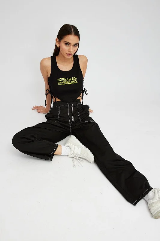 Black Cargo Pants Mid Rise Contrast Stitch Comfy Athletic Pants