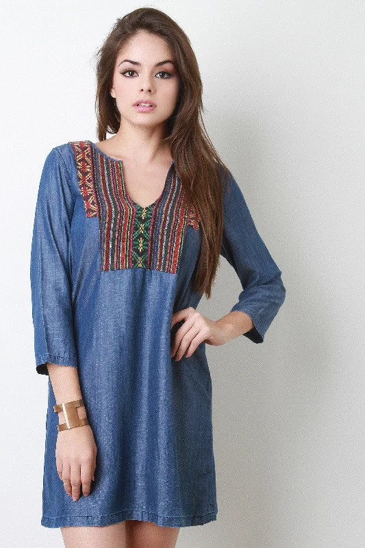 Aztec Embroidery Chambray Shift Dress Tunics Designer luxury