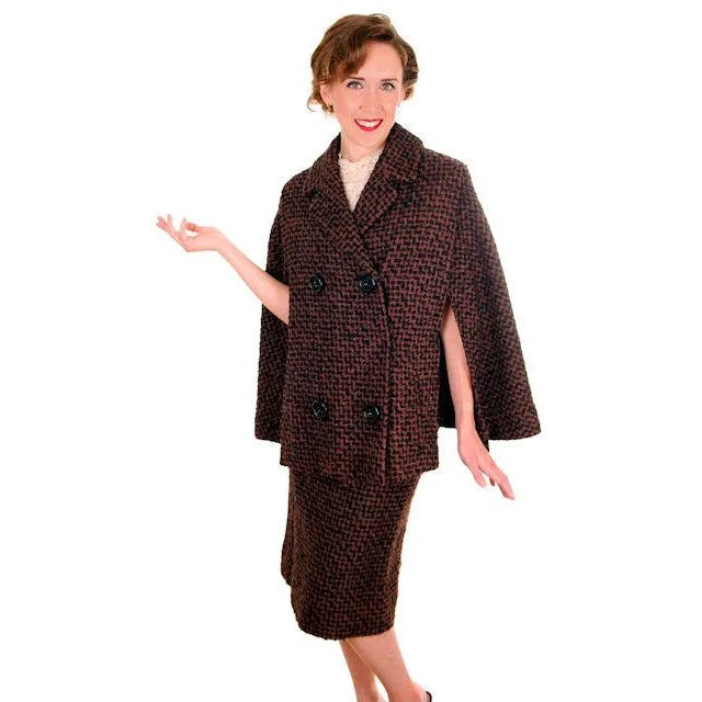 Vintage Ladies Suit Brown & Black Boucle Cape Jacket Pencil Skirt 1950s Small Embroidered Jacket Appliqued Jacket Beaded Jacket Vintage Ladies Suit Brown & Black Boucle Cape Jacket Pencil Skirt 1950s Small Embroidered Jacket Appliqued Jacket Beaded Jacket