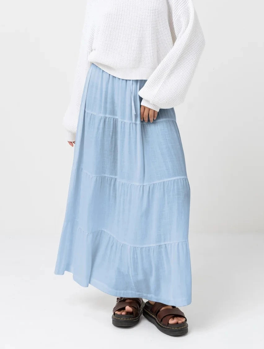Classic Tiered Maxi Skirt in Blue corduroy skirt durable