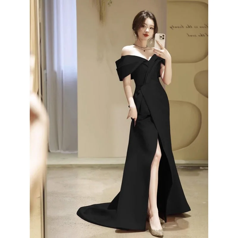 Wjczt Fishtail dress black evening dress light luxury 2024 new niche tail style banquet annual meeting host slim Tunics Distressed trendy